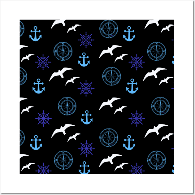Navy Blue Nautical Anchor Pattern Wall Art by EACreaTeeve